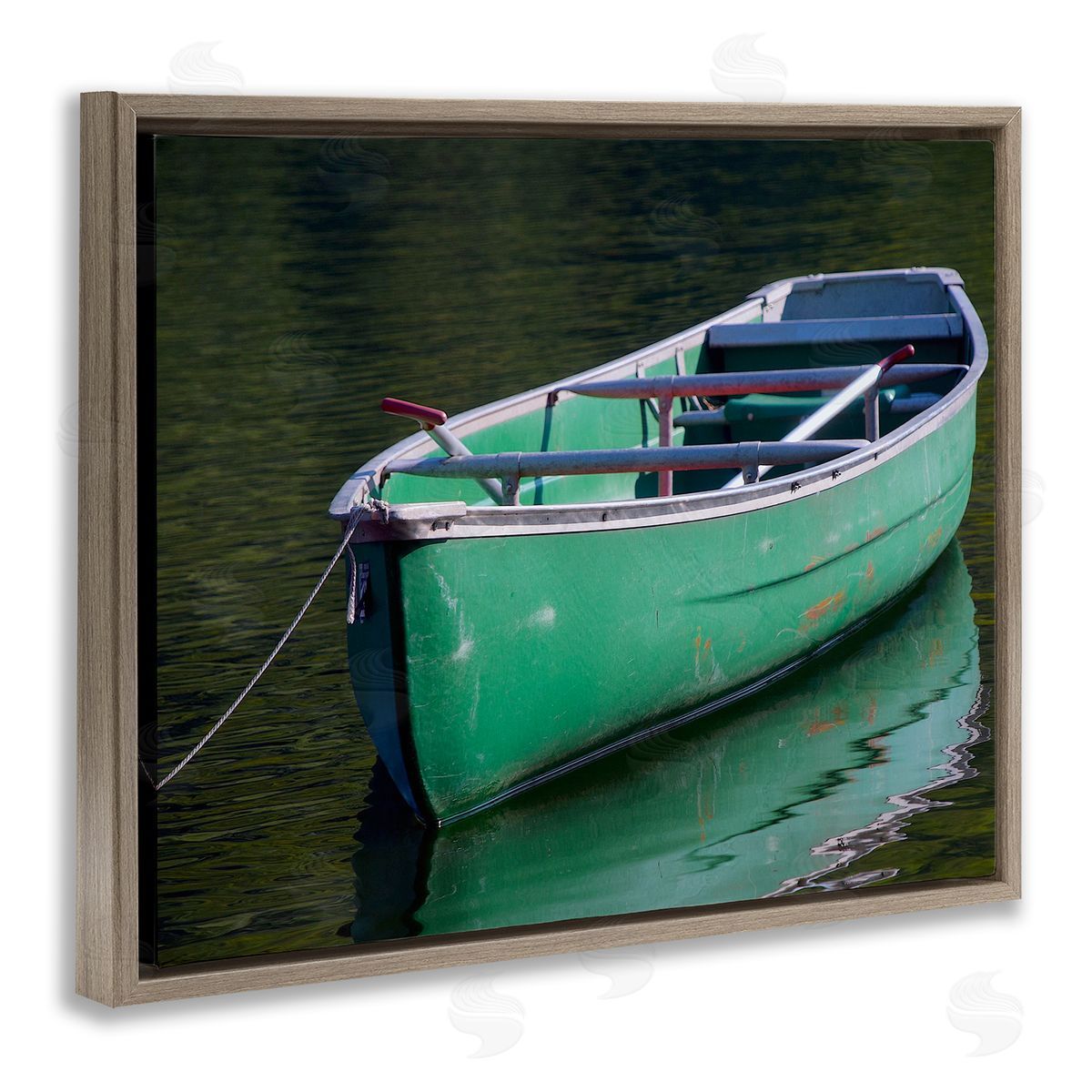 Stupell Studio Green Rowboat Canoe Floating Lake Dock Photography  Brown Floating Frame Canvas Wall Art Print