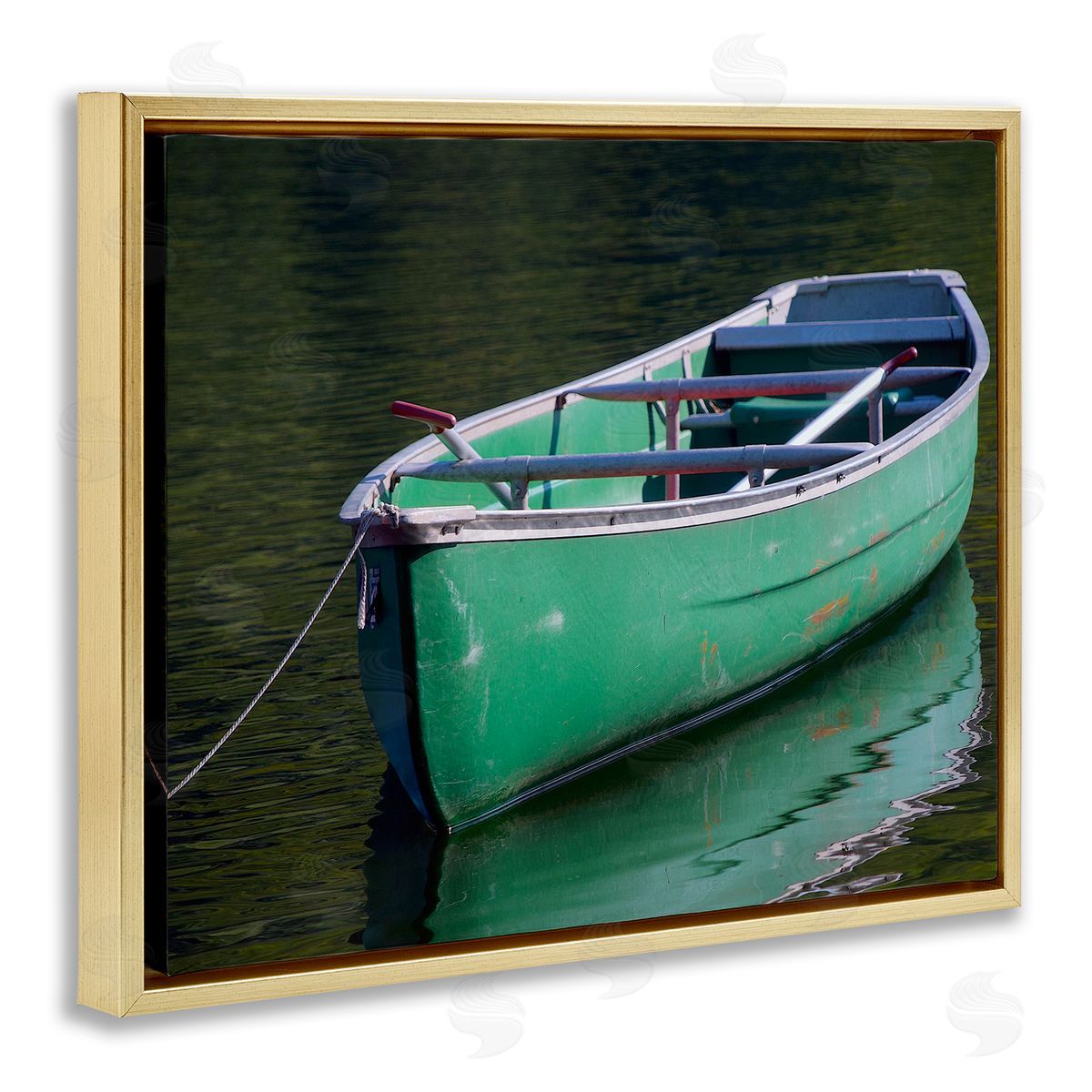 Stupell Studio Green Rowboat Canoe Floating Lake Dock Photography  Gold Floating Frame Canvas Wall Art Print