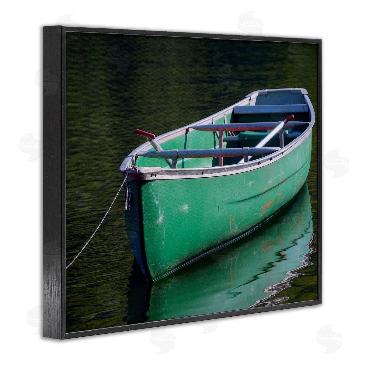 Stupell Studio Green Rowboat Canoe Floating Lake Dock Photography  Black Framed Giclee Wall Art Print