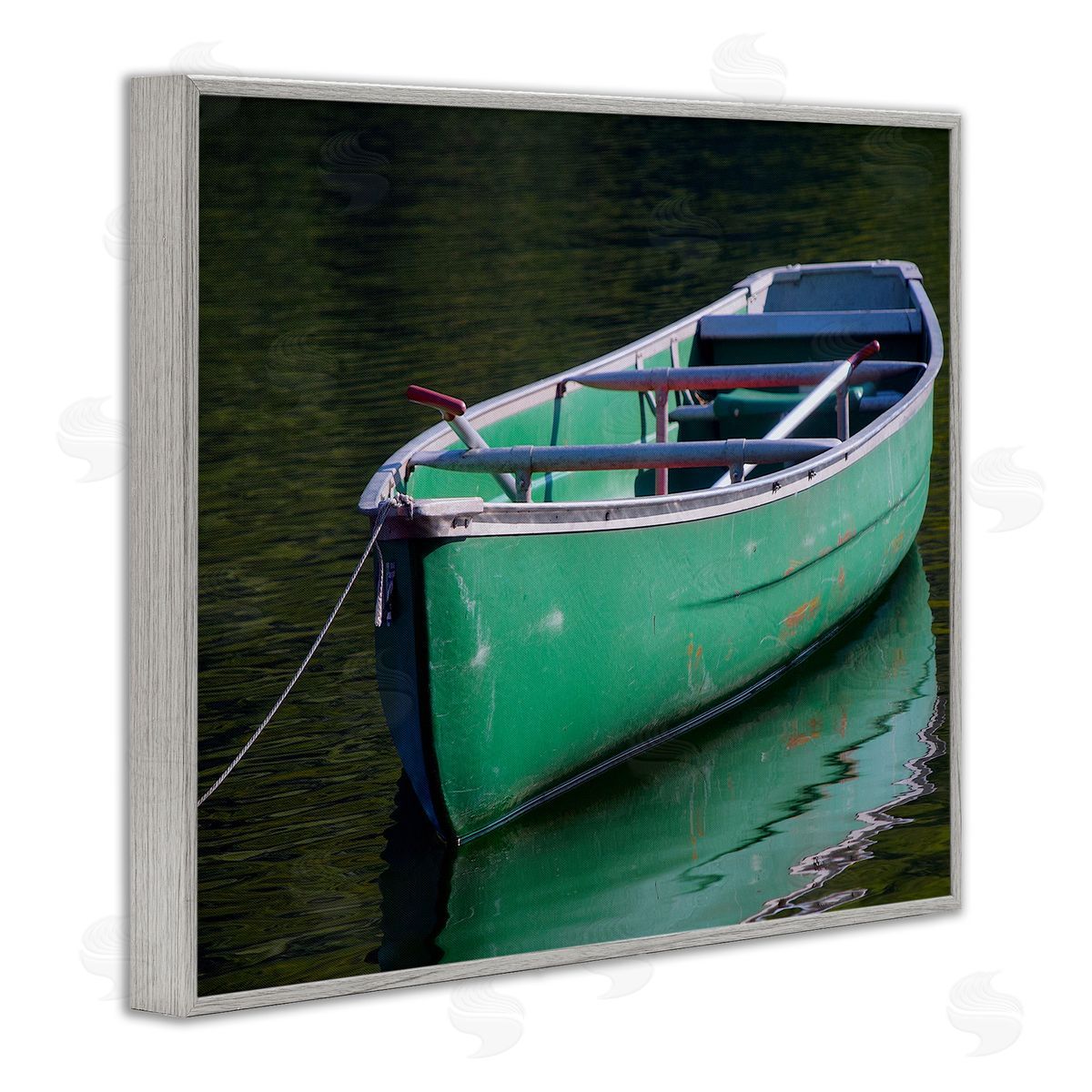 Stupell Studio Green Rowboat Canoe Floating Lake Dock Photography  Gray Framed Giclee Wall Art Print