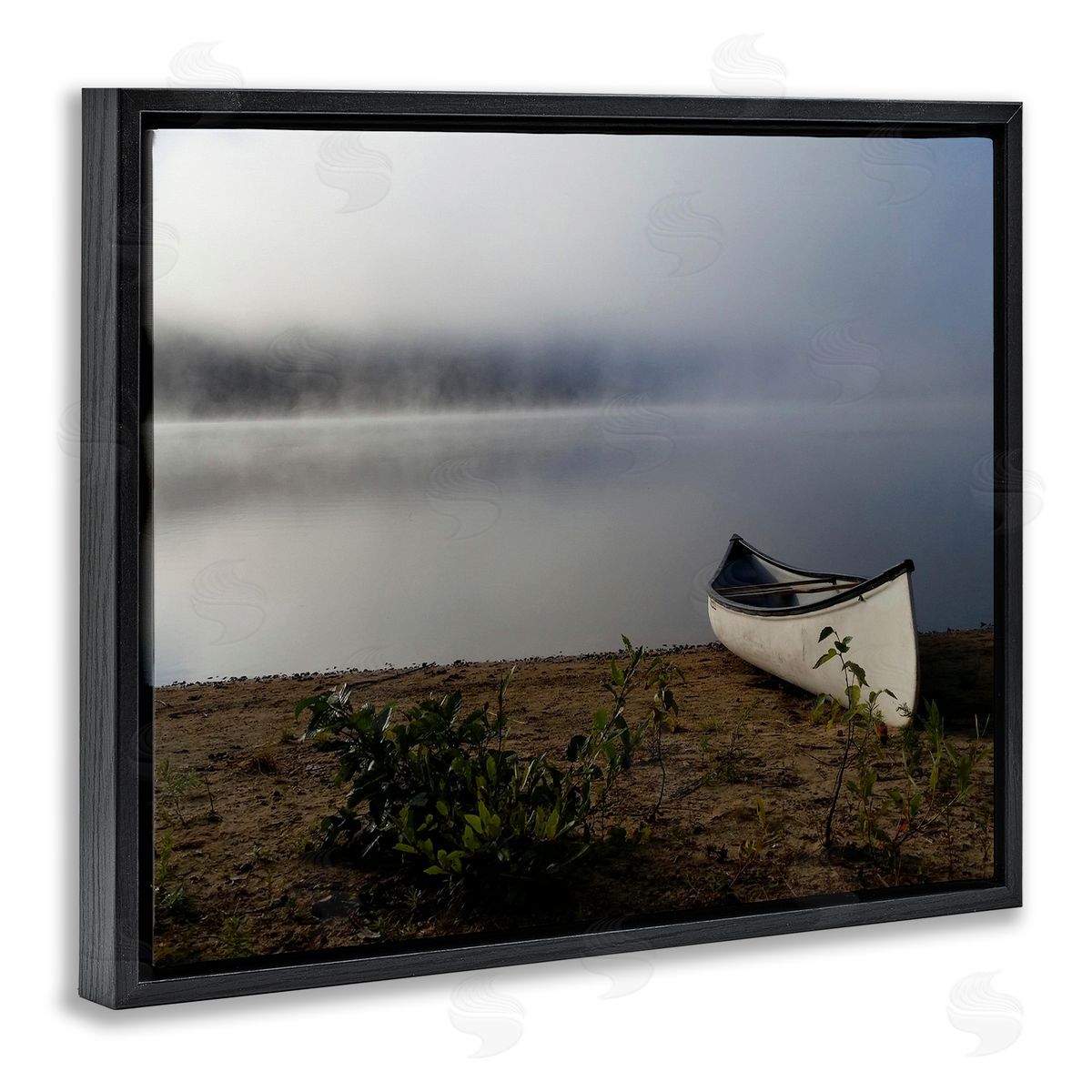 Stupell Studio Lone Canoe Tranquil Foggy Lake Beach Weather Black Floating Frame Canvas Wall Art Print