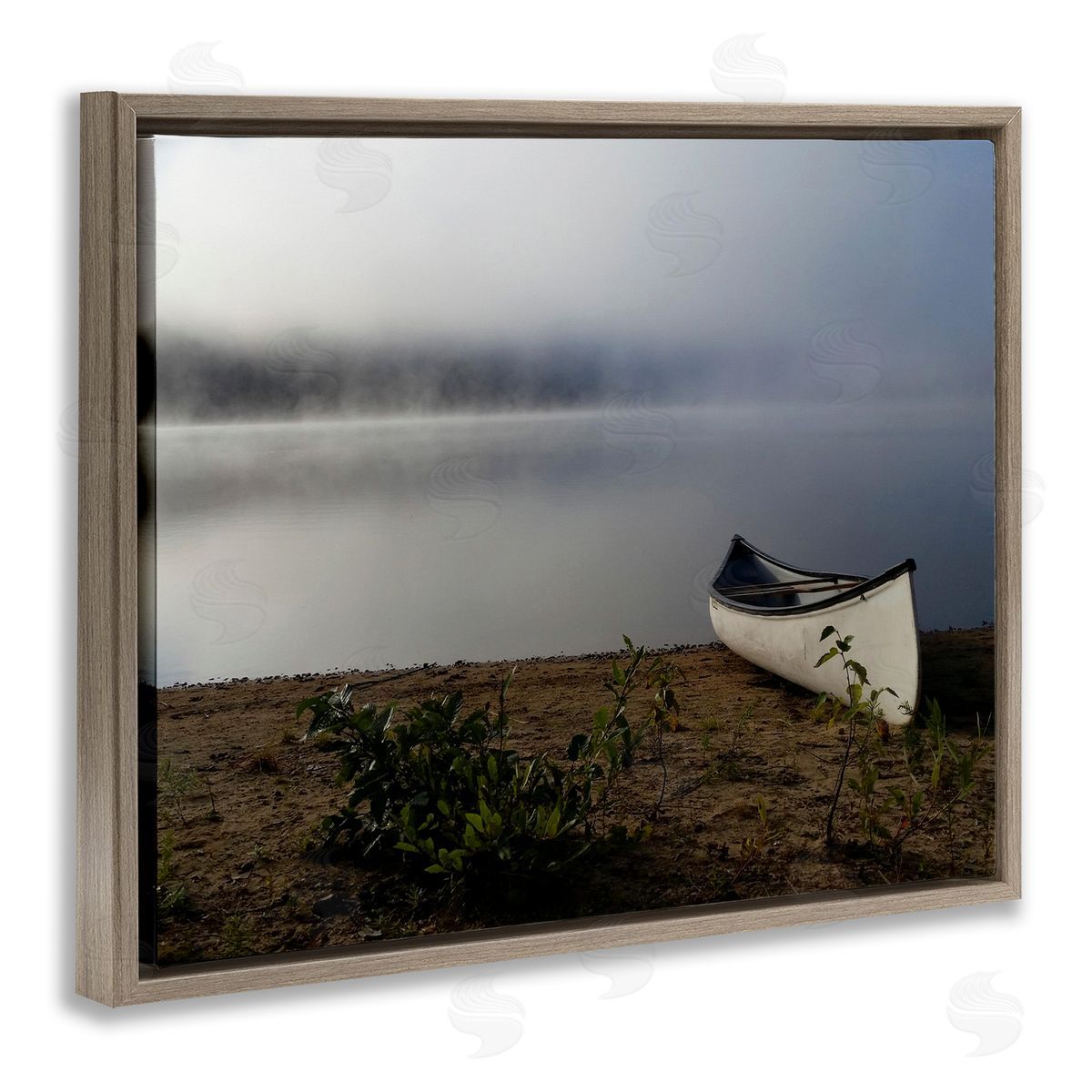 Stupell Studio Lone Canoe Tranquil Foggy Lake Beach Weather Brown Floating Frame Canvas Wall Art Print