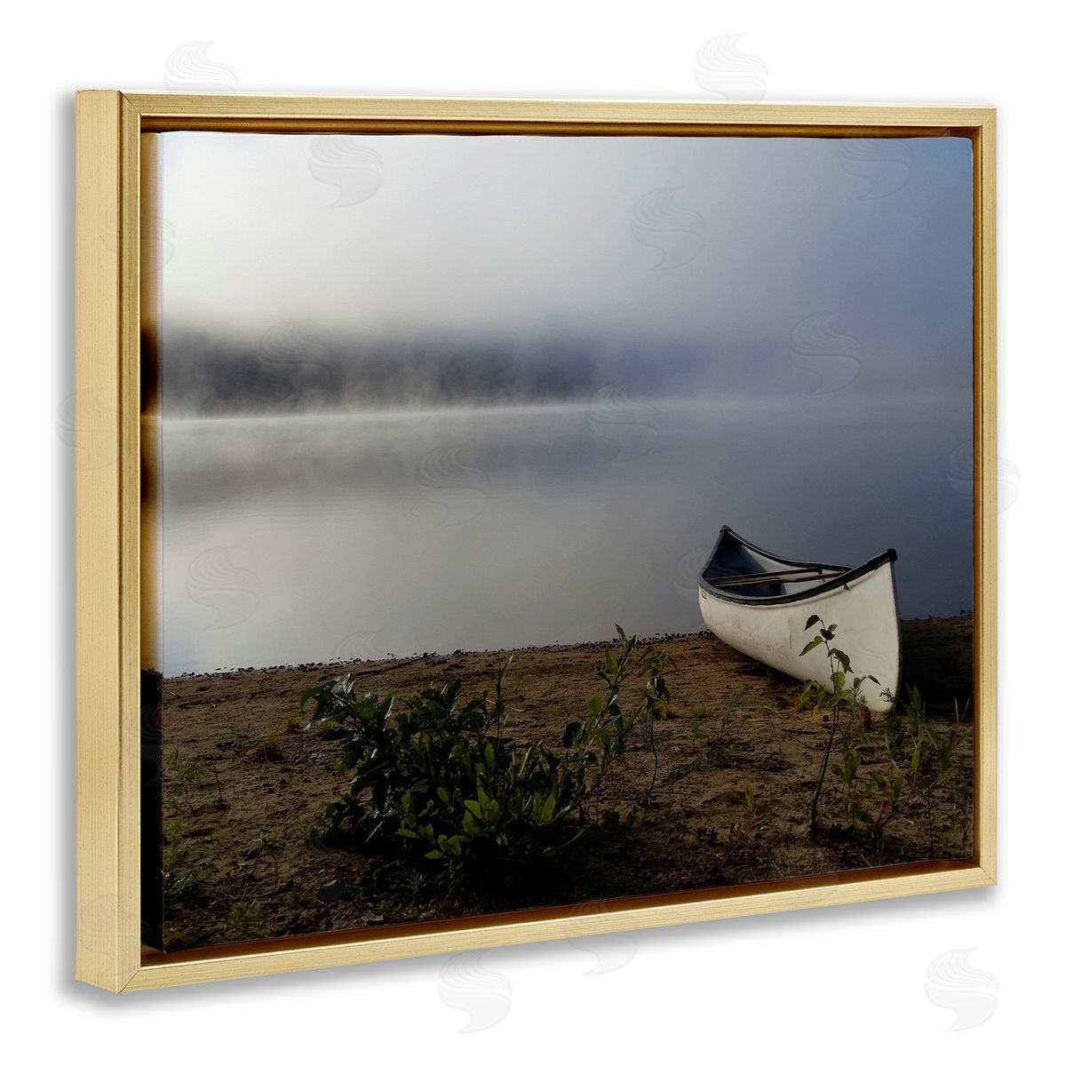 Stupell Studio Lone Canoe Tranquil Foggy Lake Beach Weather Gold Floating Frame Canvas Wall Art Print