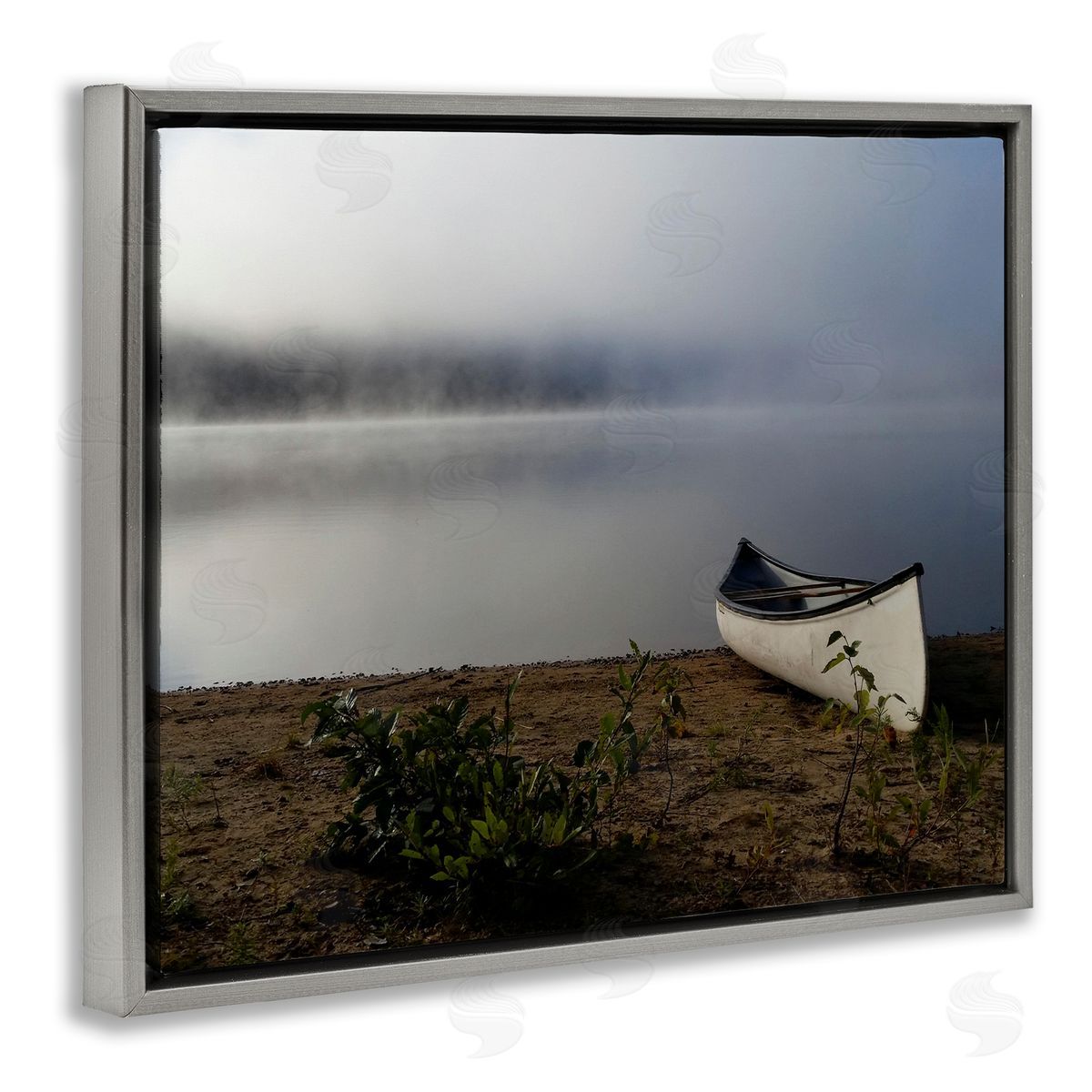 Stupell Studio Lone Canoe Tranquil Foggy Lake Beach Weather Gray Floating Frame Canvas Wall Art Print