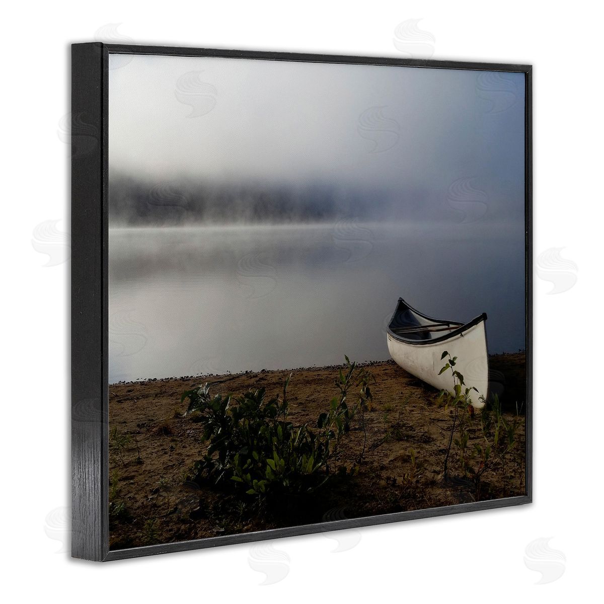 Stupell Studio Lone Canoe Tranquil Foggy Lake Beach Weather Black Framed Giclee Wall Art Print