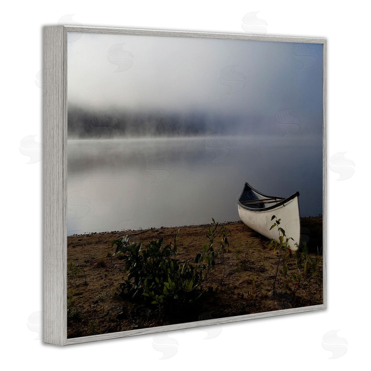 Stupell Studio Lone Canoe Tranquil Foggy Lake Beach Weather Gray Framed Giclee Wall Art Print