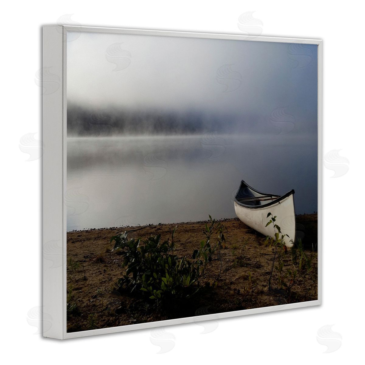 Stupell Studio Lone Canoe Tranquil Foggy Lake Beach Weather White Framed Giclee Wall Art Print