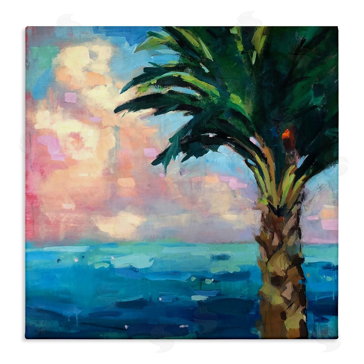Page Pearson Railsback Bold Beach Horizon Palm Tree Pink Sunlit Clouds Stretched Canvas Wall Art Print