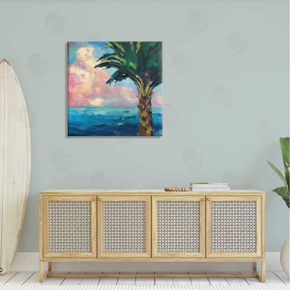 Page Pearson Railsback Bold Beach Horizon Palm Tree Pink Sunlit Clouds Canvas Wall Art in Room