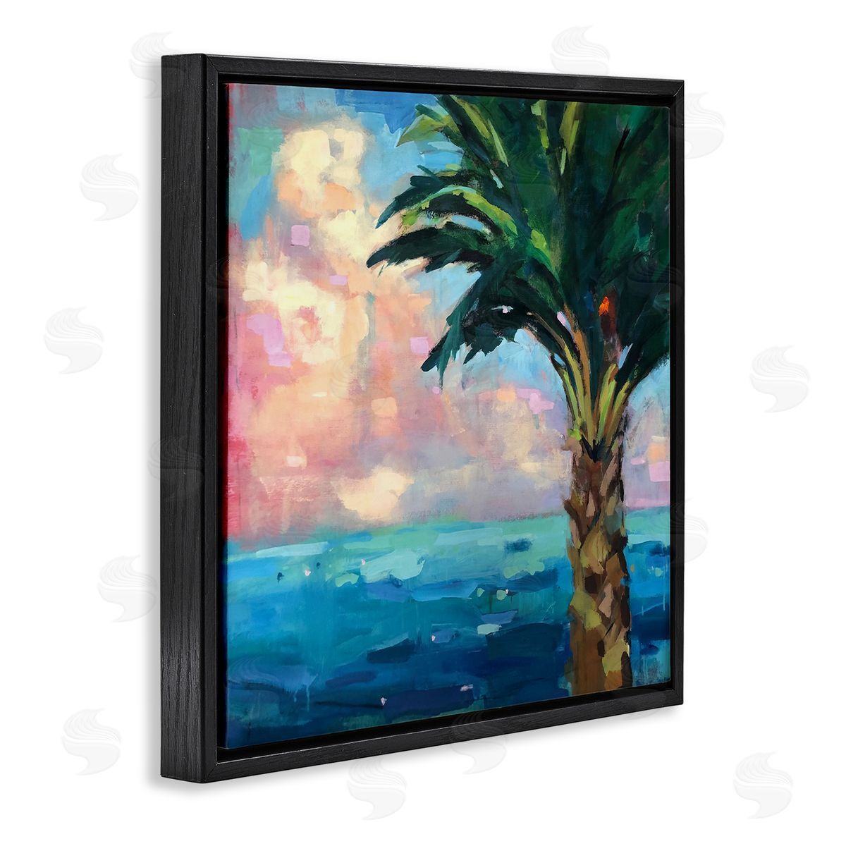 Page Pearson Railsback Bold Beach Horizon Palm Tree Pink Sunlit Clouds Black Floating Frame Canvas Wall Art Print