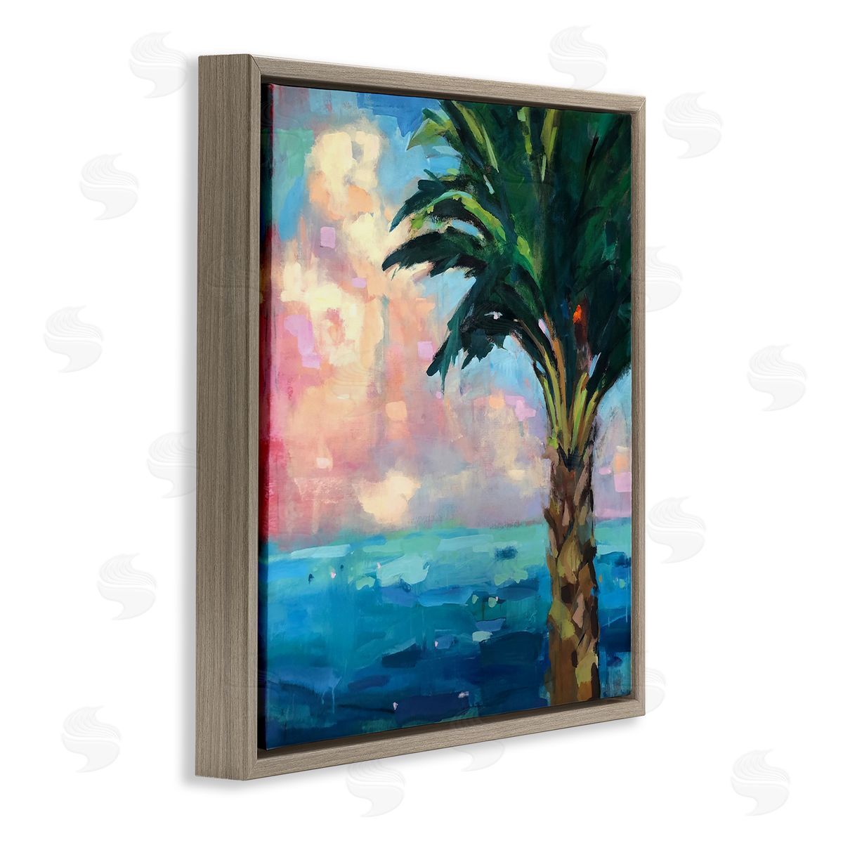Page Pearson Railsback Bold Beach Horizon Palm Tree Pink Sunlit Clouds Brown Floating Frame Canvas Wall Art Print