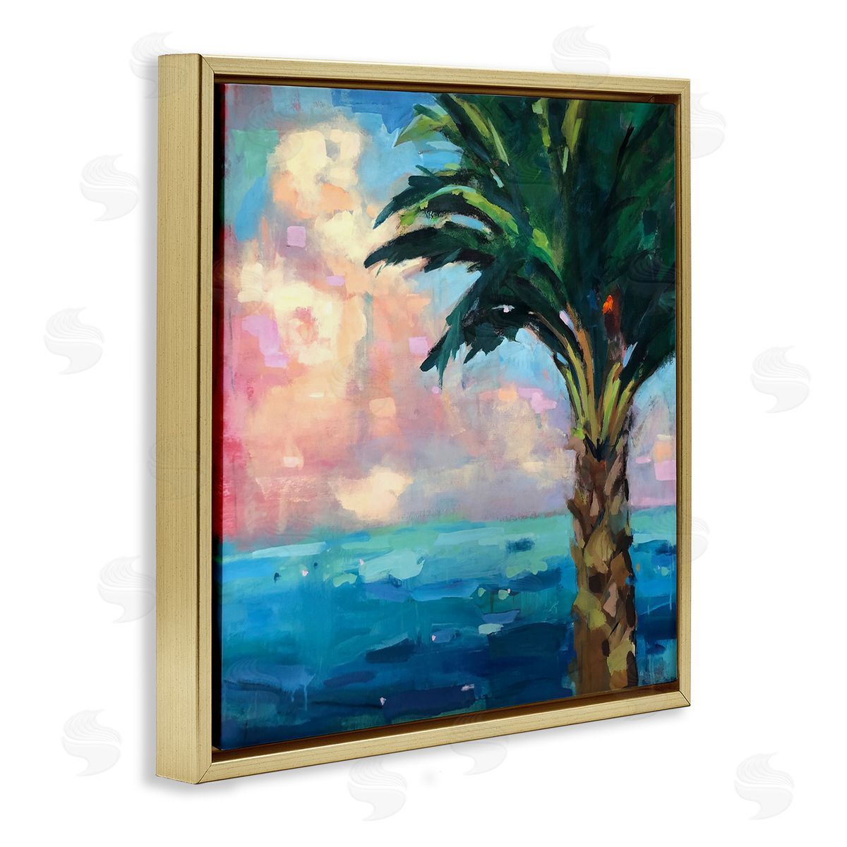 Page Pearson Railsback Bold Beach Horizon Palm Tree Pink Sunlit Clouds Gold Floating Frame Canvas Wall Art Print