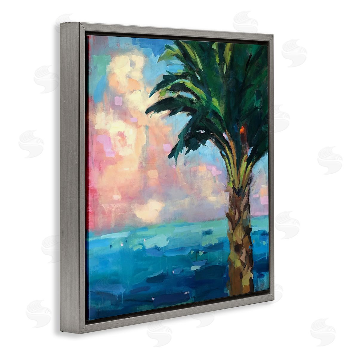 Page Pearson Railsback Bold Beach Horizon Palm Tree Pink Sunlit Clouds Gray Floating Frame Canvas Wall Art Print