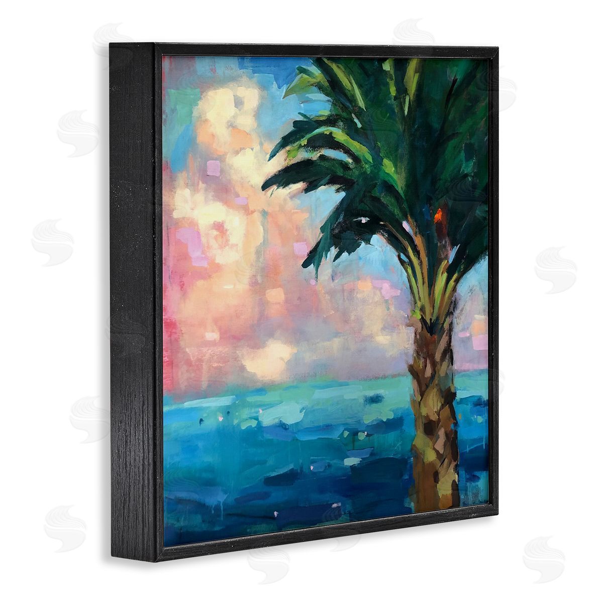 Page Pearson Railsback Bold Beach Horizon Palm Tree Pink Sunlit Clouds Black Framed Glicee Wall Art Print