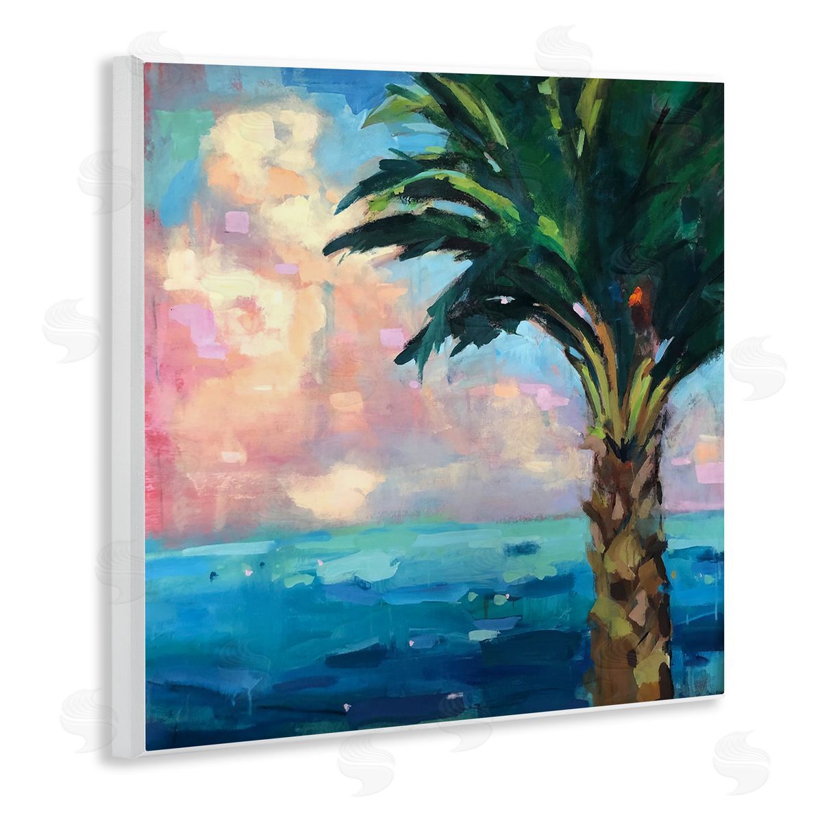 Page Pearson Railsback Bold Beach Horizon Palm Tree Pink Sunlit Clouds Wooden Wall Plaque Art Print