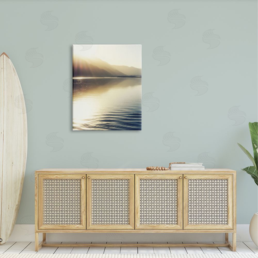 Savanah Plank Quiet Mountain Lake Water Ripples Sunrise Rays Canvas Wall Art Print in Room