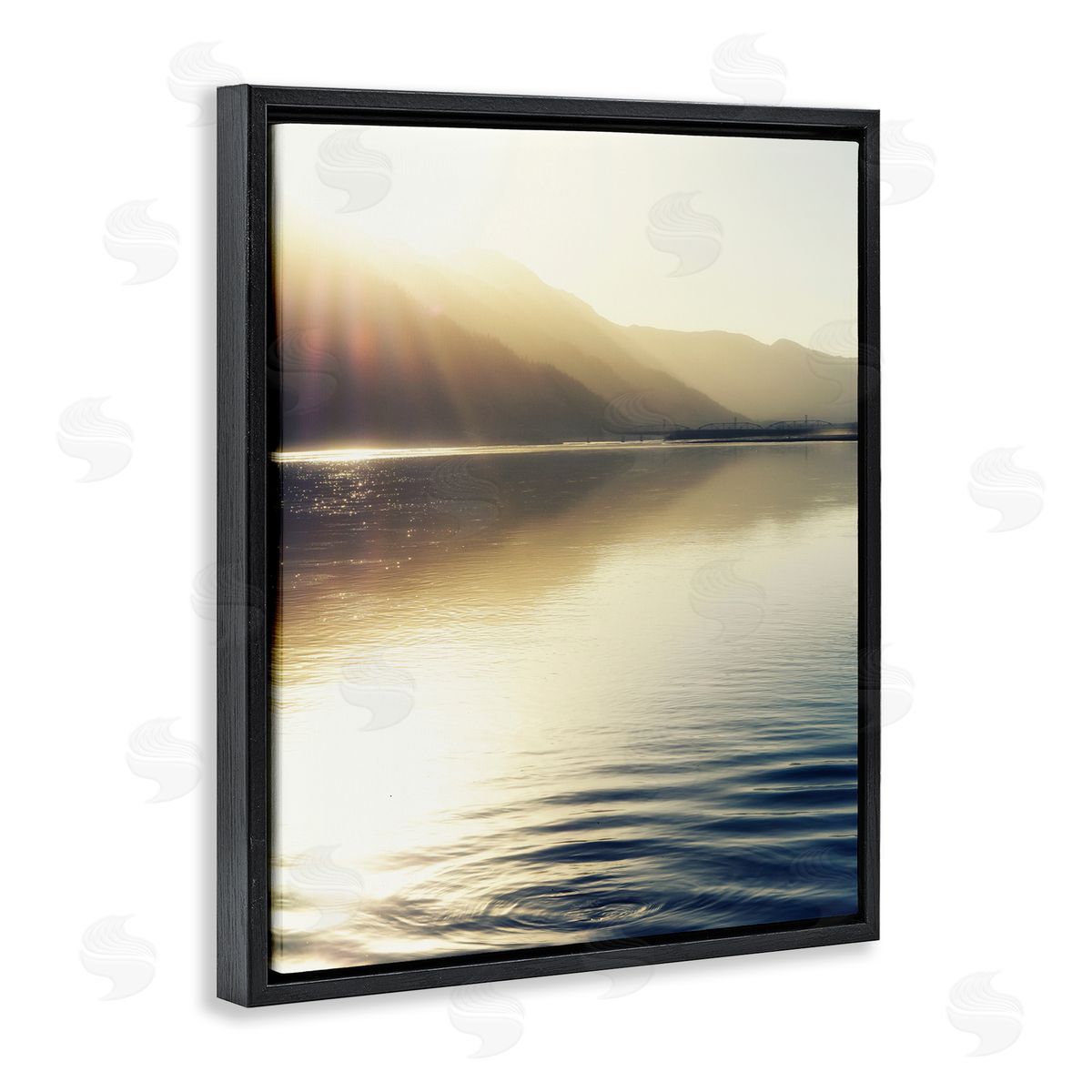 Savanah Plank Quiet Mountain Lake Water Ripples Sunrise Rays Black Floating Frame Canvas Wall Art Print