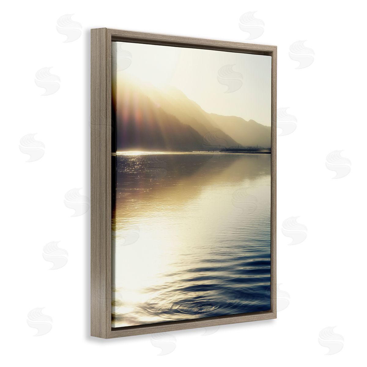 Savanah Plank Quiet Mountain Lake Water Ripples Sunrise Rays Brown Floating Frame Canvas Wall Art Print