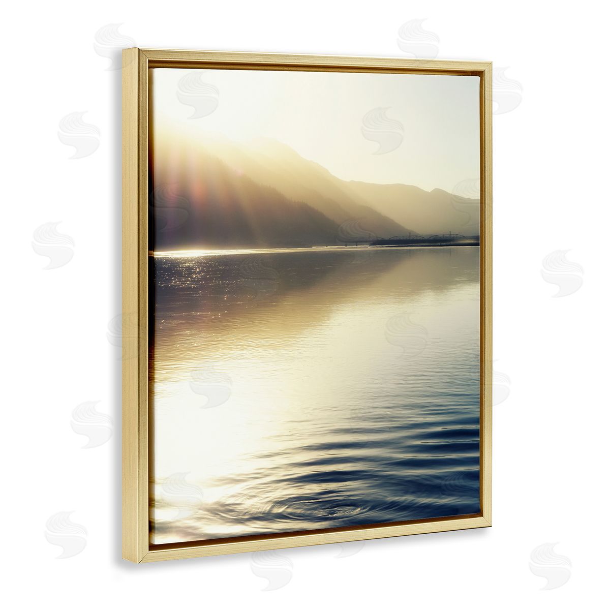 Savanah Plank Quiet Mountain Lake Water Ripples Sunrise Rays Gold Floating Frame Canvas Wall Art Print