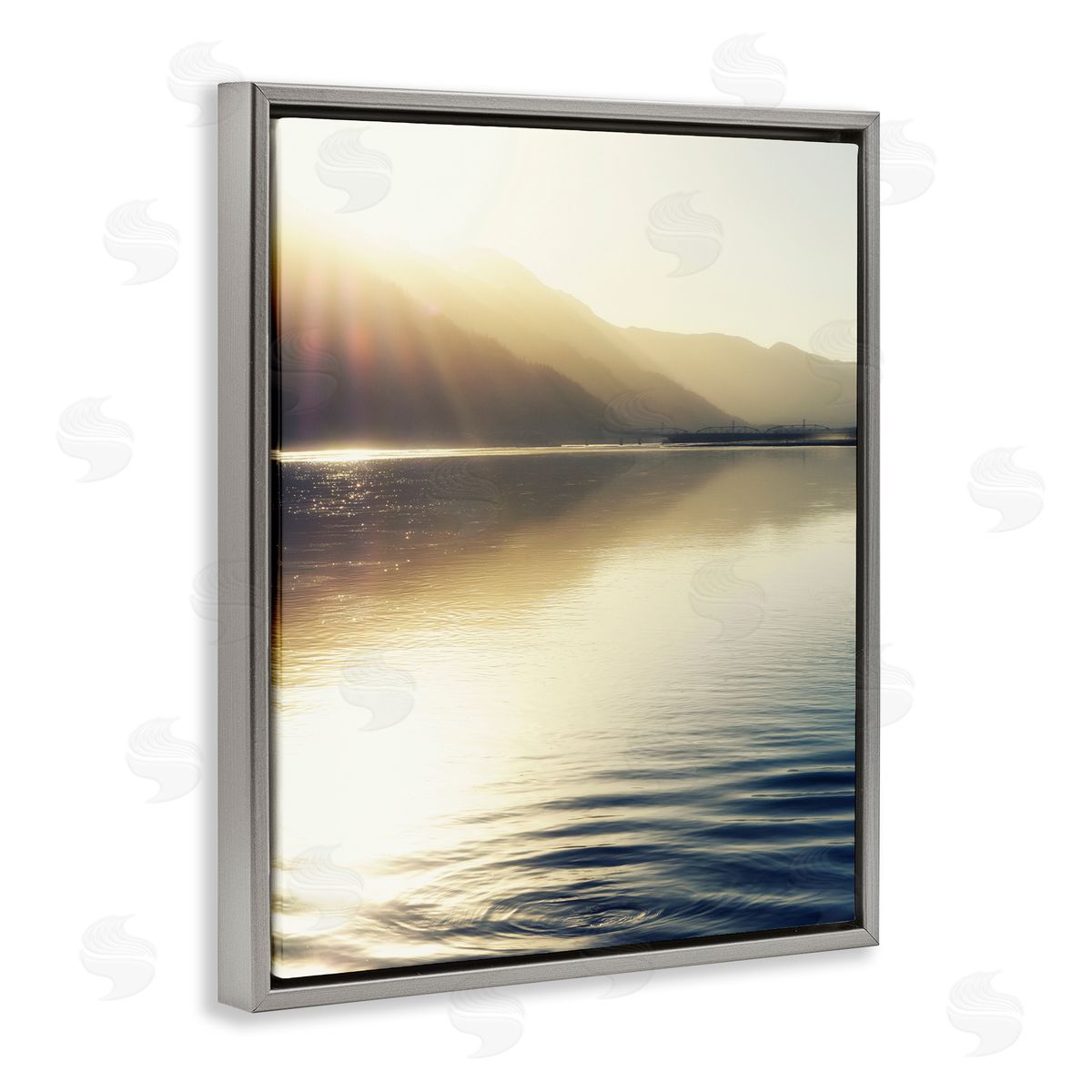 Savanah Plank Quiet Mountain Lake Water Ripples Sunrise Rays Gray Floating Frame Canvas Wall Art Print