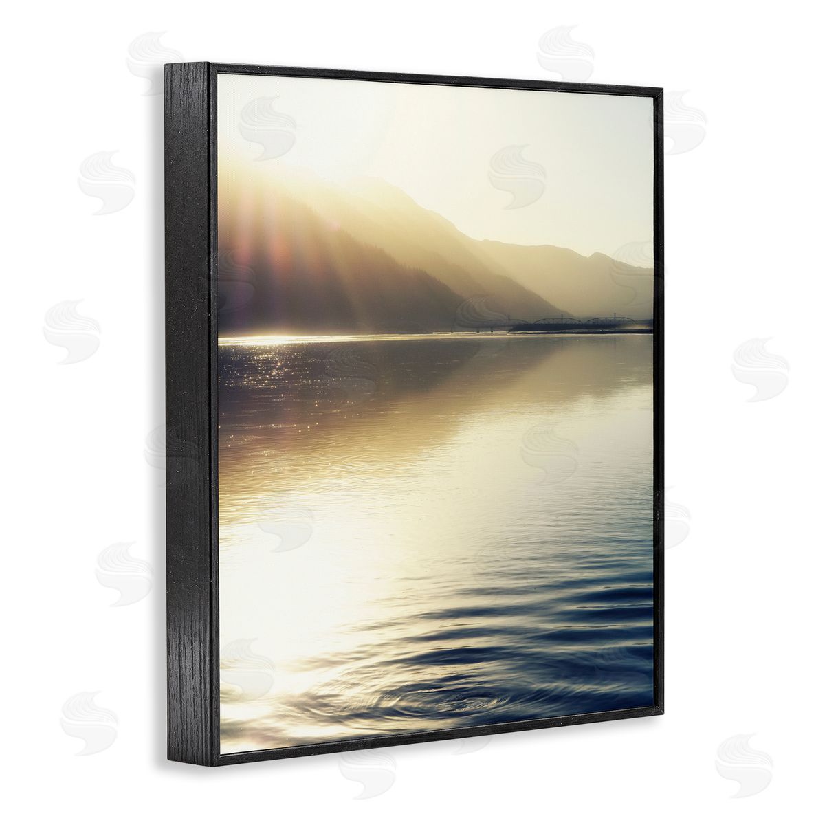 Savanah Plank Quiet Mountain Lake Water Ripples Sunrise Rays Black Framed Giclee Wall Art Print