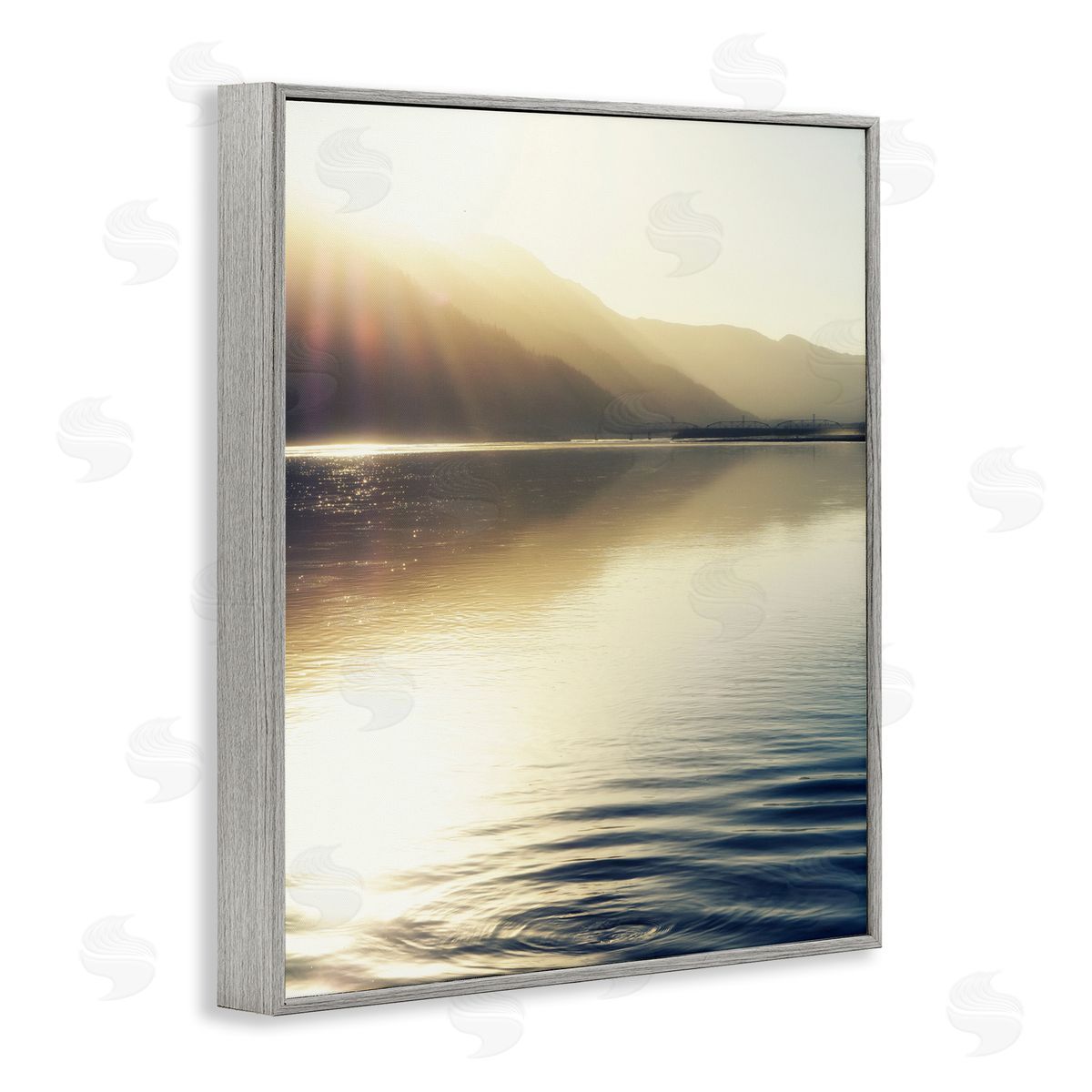 Savanah Plank Quiet Mountain Lake Water Ripples Sunrise Rays Gray Framed Giclee Wall Art Print
