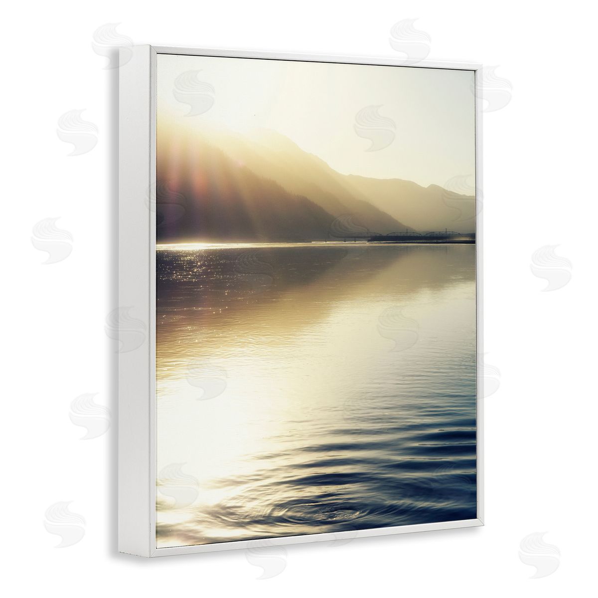 Savanah Plank Quiet Mountain Lake Water Ripples Sunrise Rays White Framed Giclee Wall Art Print