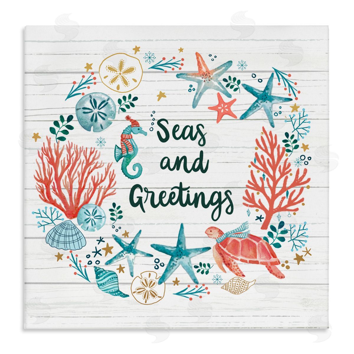 Sharon Lee Seas And Greetings Warm Nautical Holiday Wreath Stretched Canvas Wall Art Print