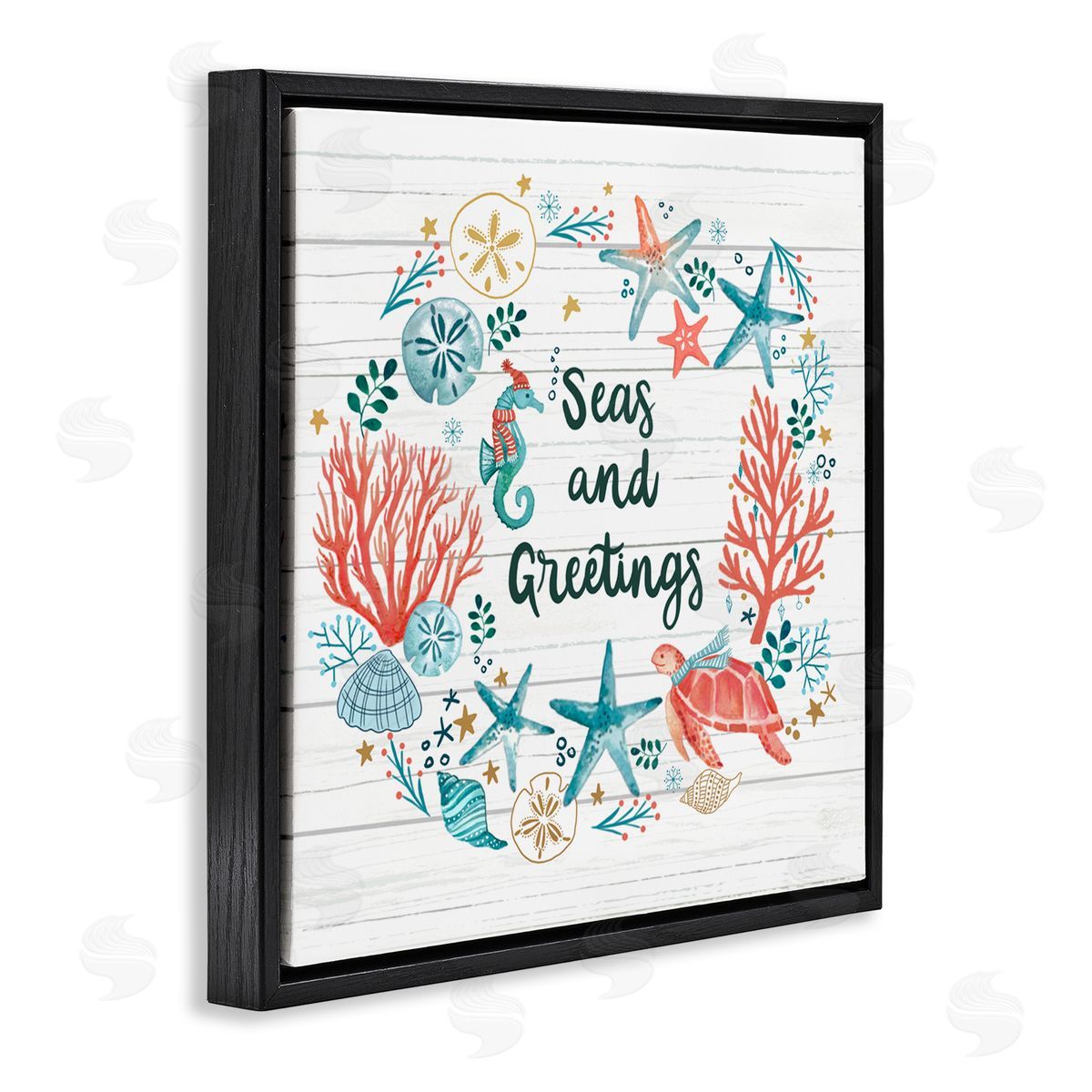 Sharon Lee Seas And Greetings Warm Nautical Holiday Wreath Black Floating Frame Canvas Wall Art Print