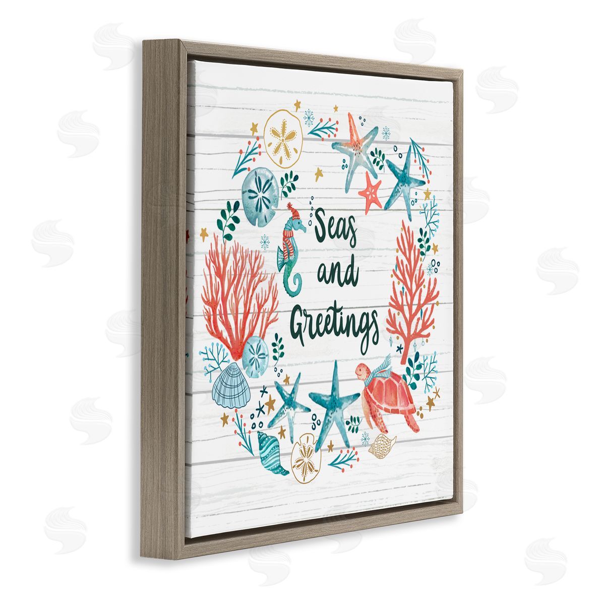 Sharon Lee Seas And Greetings Warm Nautical Holiday Wreath Brown Floating Frame Canvas Wall Art Print
