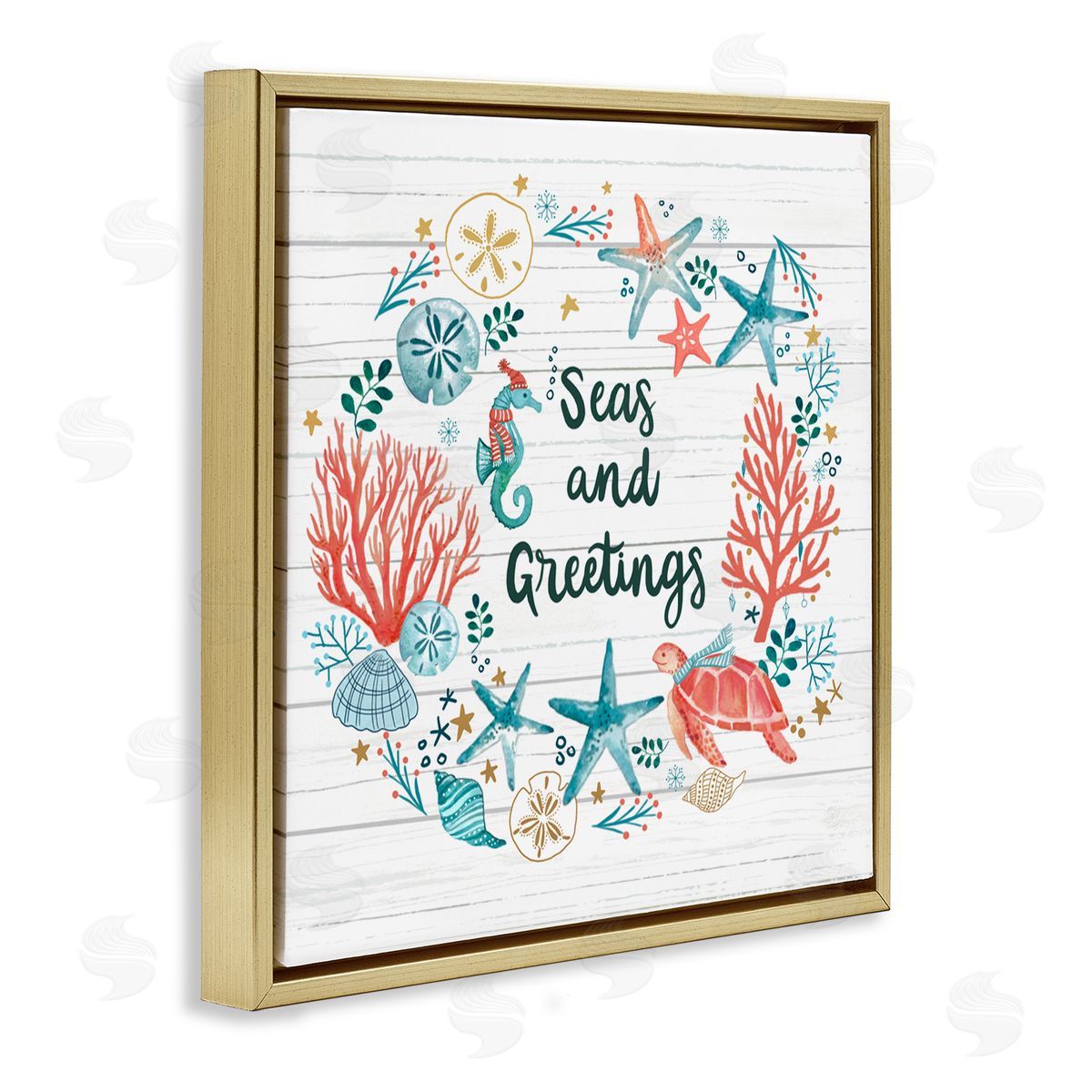 Sharon Lee Seas And Greetings Warm Nautical Holiday Wreath Gold Floating Frame Canvas Wall Art Print