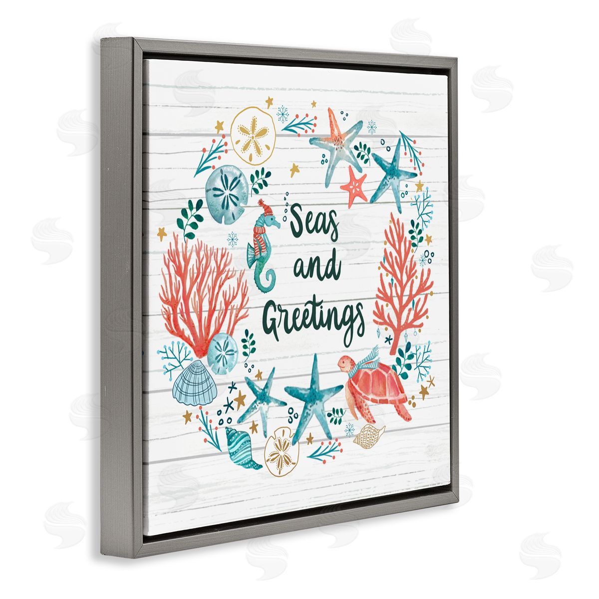Sharon Lee Seas And Greetings Warm Nautical Holiday Wreath Gray Floating Frame Canvas Wall Art Print