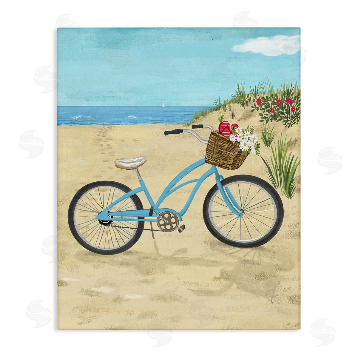 Sharon Lee Blue Bicycle Flower Blossom Basket Beach Sand Stretched Canvas Wall Art Print