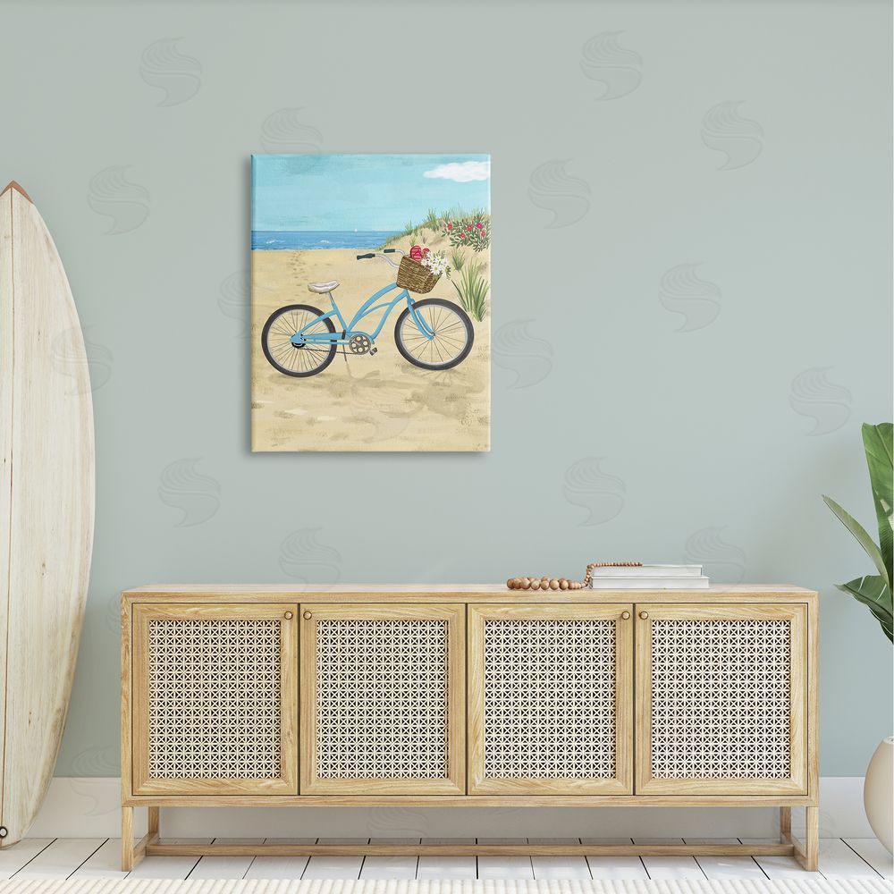 Sharon Lee Blue Bicycle Flower Blossom Basket Beach Sand Canvas Wall Art Print in Room