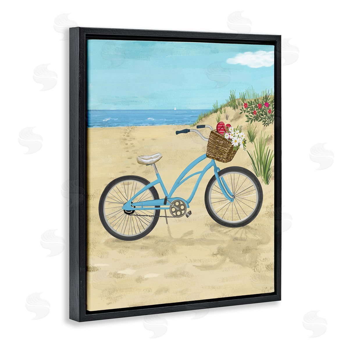 Sharon Lee Blue Bicycle Flower Blossom Basket Beach Sand Black Floating Frame Canvas Wall Art Print