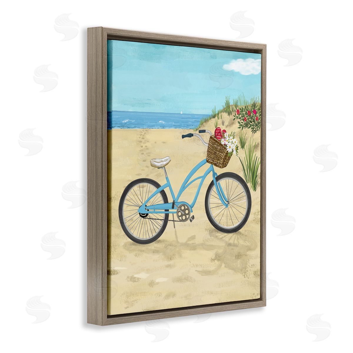 Sharon Lee Blue Bicycle Flower Blossom Basket Beach Sand Brown Floating Frame Canvas Wall Art Print
