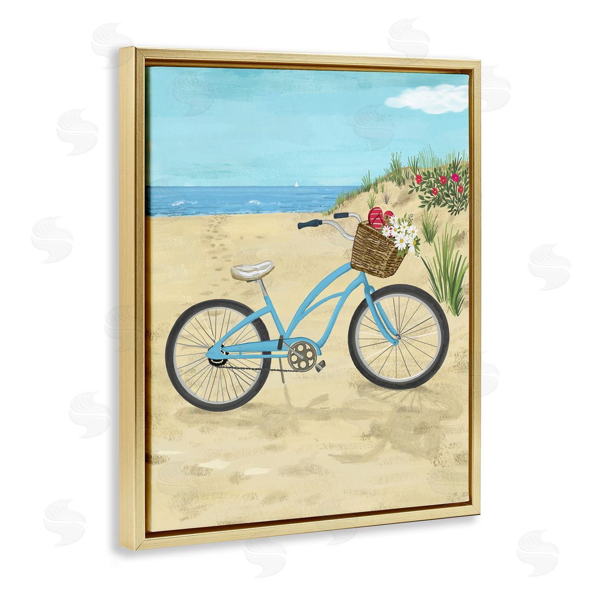 Sharon Lee Blue Bicycle Flower Blossom Basket Beach Sand Gold Floating Frame Canvas Wall Art Print