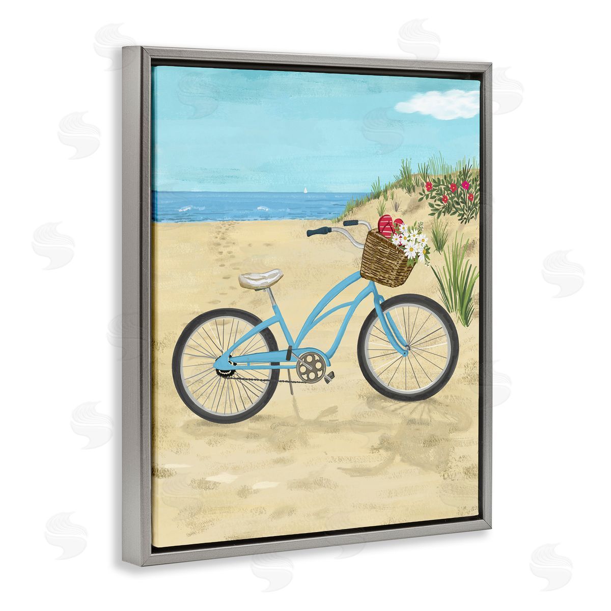Sharon Lee Blue Bicycle Flower Blossom Basket Beach Sand Gray Floating Frame Canvas Wall Art Print