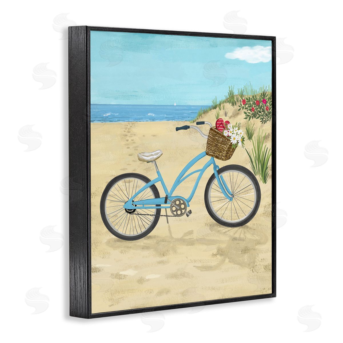 Sharon Lee Blue Bicycle Flower Blossom Basket Beach Sand Black Framed Giclee Wall Art Print