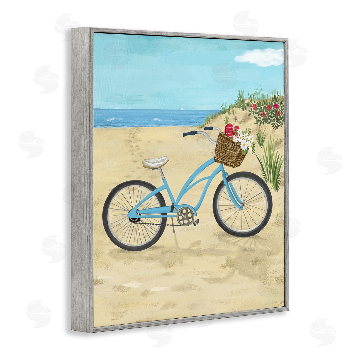 Sharon Lee Blue Bicycle Flower Blossom Basket Beach Sand Gray Framed Giclee Wall Art Print