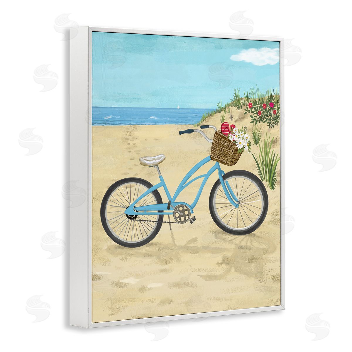 Sharon Lee Blue Bicycle Flower Blossom Basket Beach Sand White Framed Giclee Wall Art Print