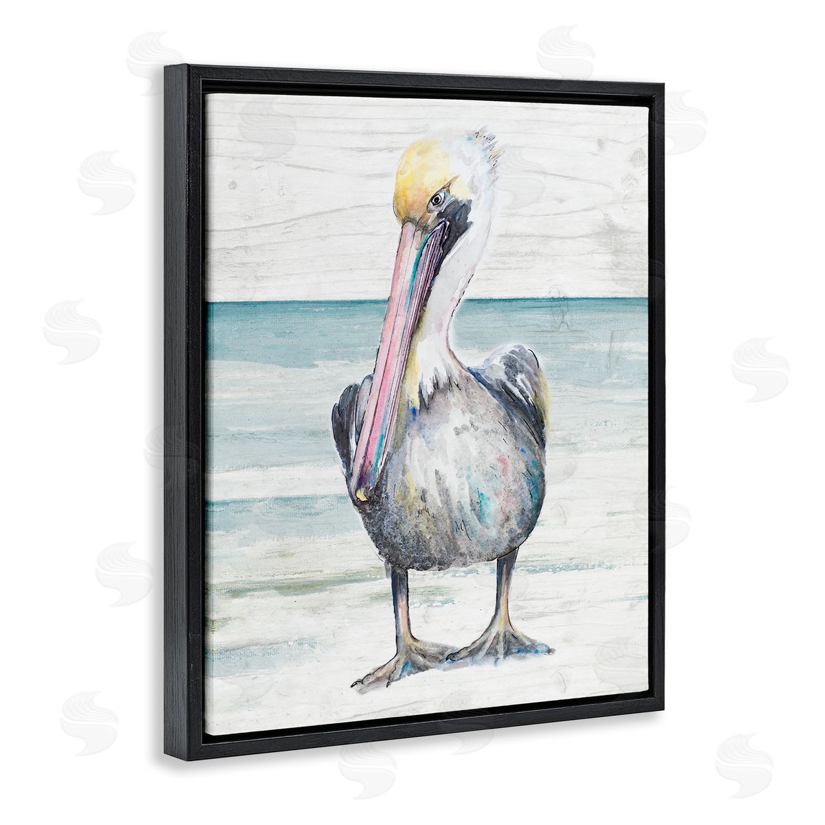 Pelican Bird Standing on Beach Black Floating Frame Canvas Wall Art, Home Decor by Patricia Pinto