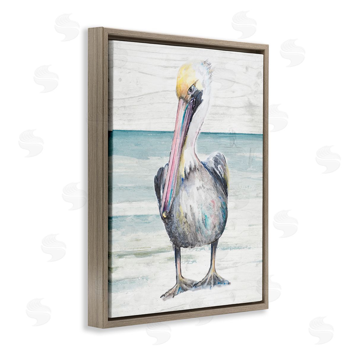 Pelican Bird Standing on Beach Brown Floating Frame Canvas Wall Art, Home Decor by Patricia Pinto