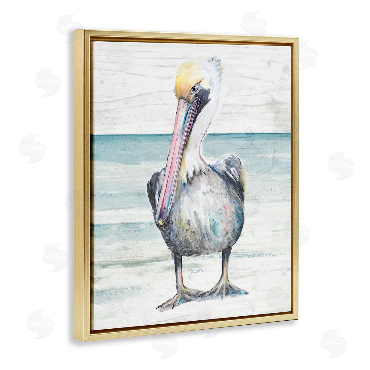 Pelican Bird Standing on Beach Gold Floating Frame Canvas Wall Art, Home Decor by Patricia Pinto
