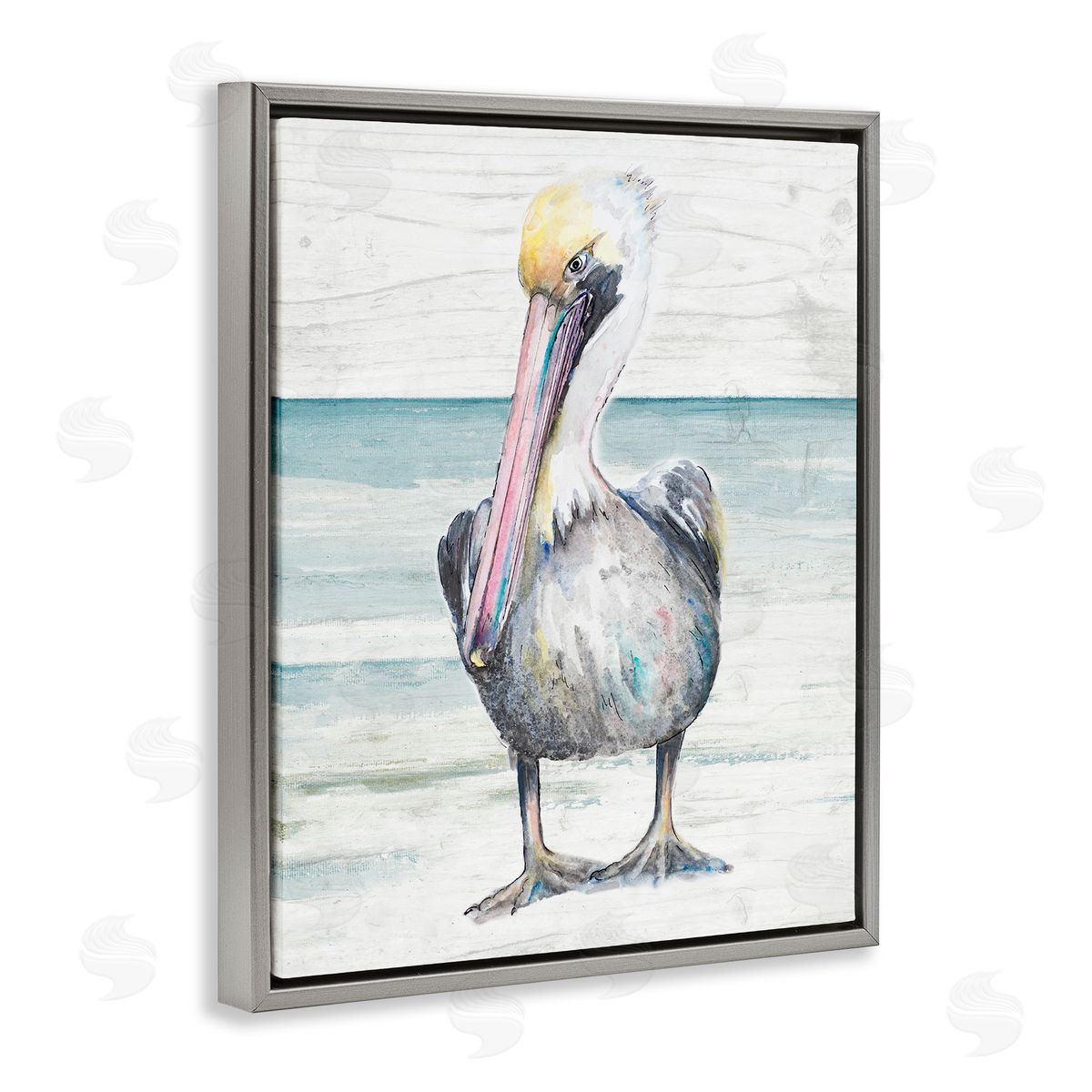 Pelican Bird Standing on Beach Grey Floating Frame Canvas Wall Art, Home Decor by Patricia Pinto