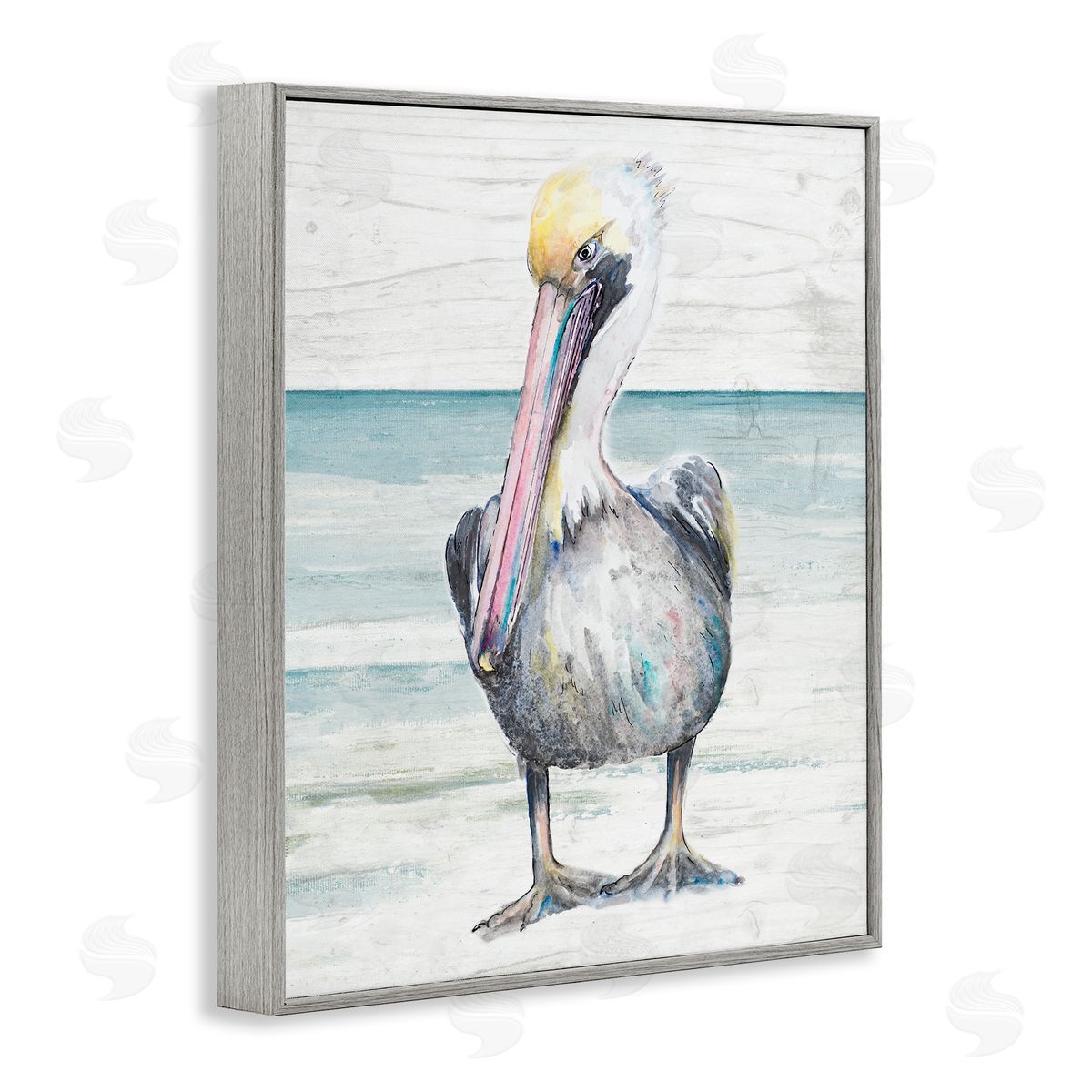 Pelican Bird Standing on Beach Grey Frame Print Wall Art, Home Decor by Patricia Pinto
