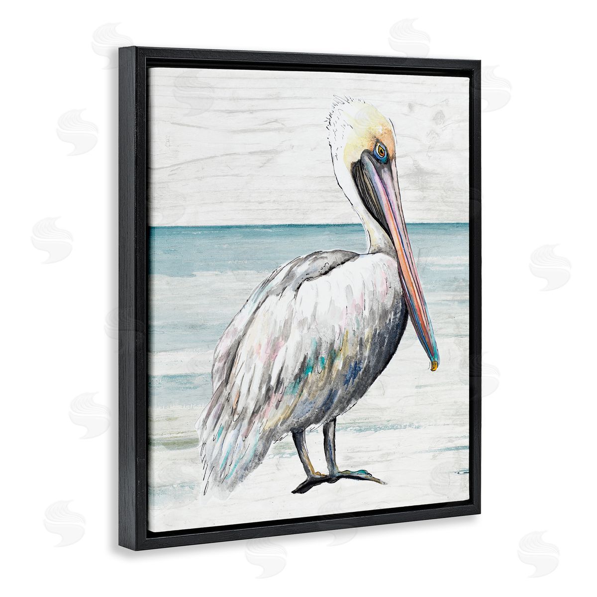 Rustic Pelican on Shoreline Black Floating Frame Canvas Wall Art, Home Decor by Patricia Pinto