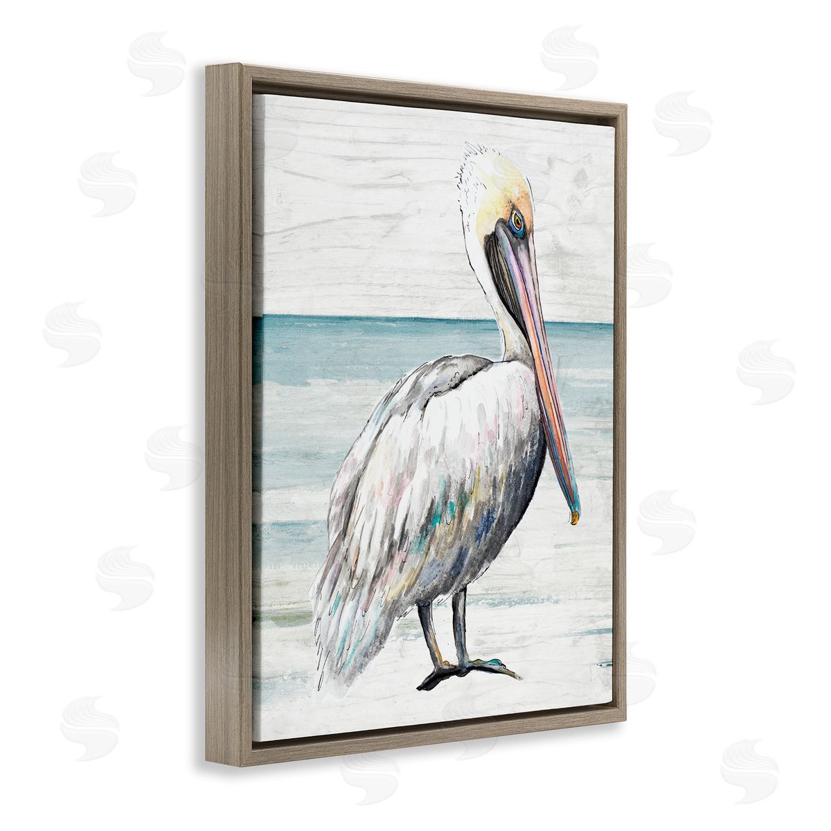 Rustic Pelican on Shoreline Brown Floating Frame Canvas Wall Art, Home Decor by Patricia Pinto