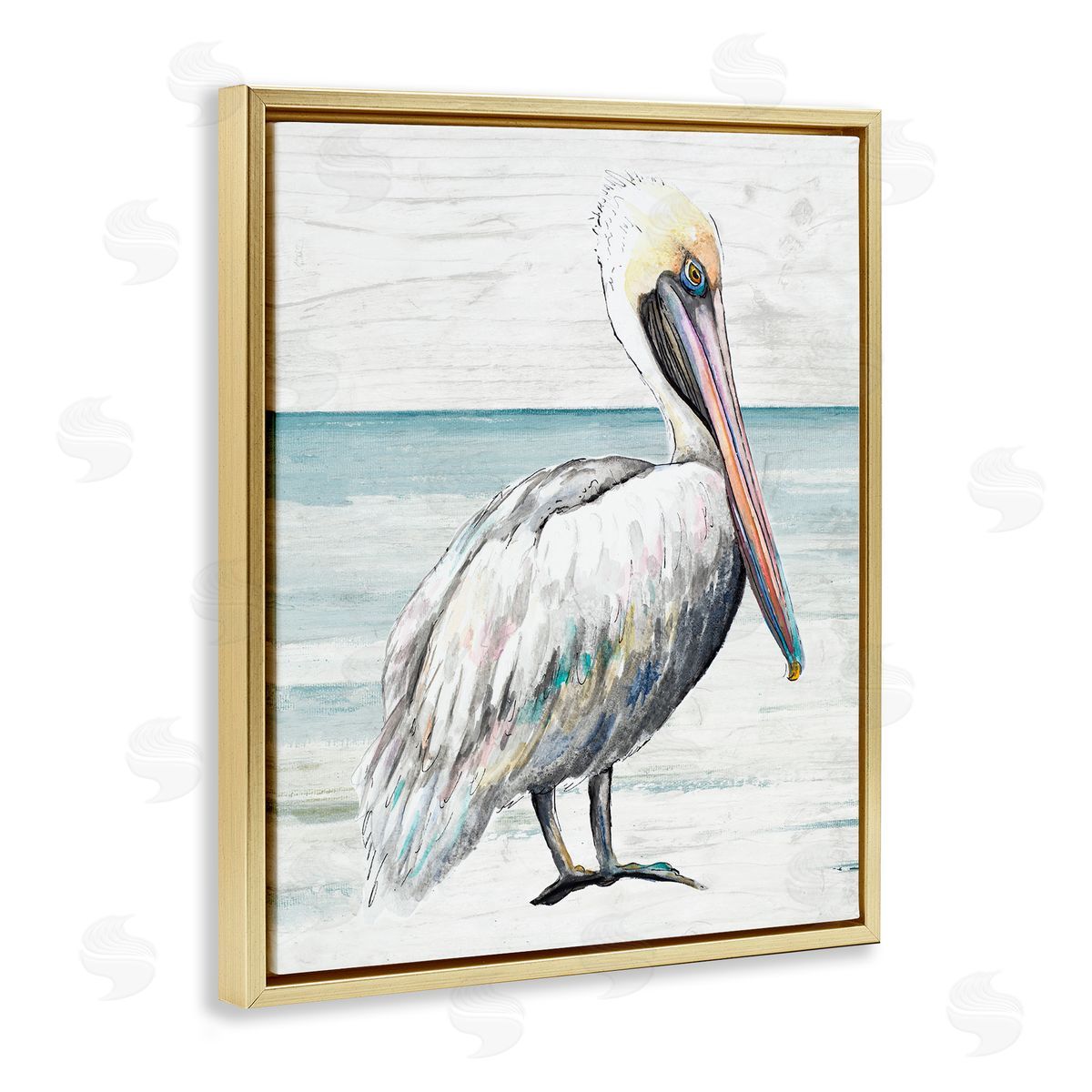 Rustic Pelican on Shoreline Gold Floating Frame Canvas Wall Art, Home Decor by Patricia Pinto