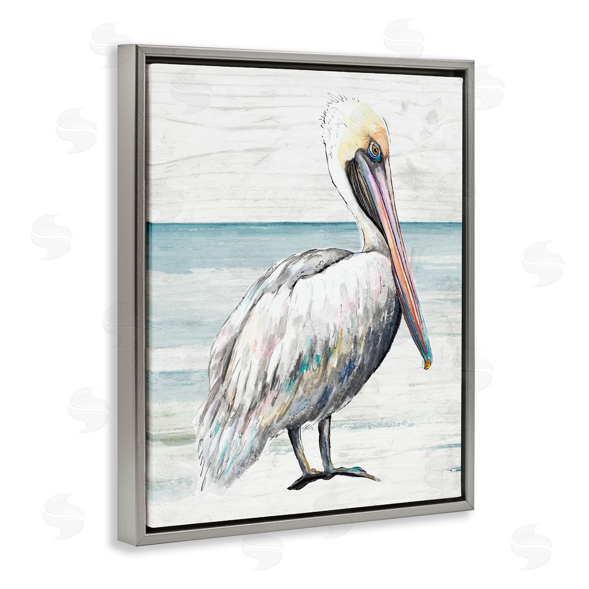 Rustic Pelican on Shoreline Grey Floating Frame Canvas Wall Art, Home Decor by Patricia Pinto